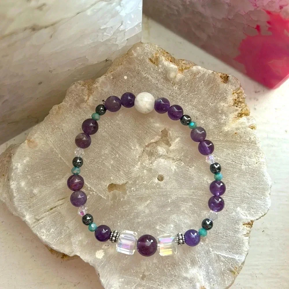 💜💎 Handmade Amethyst + Hematite + Moonstone Handmade Crystal Bracelet 💎💜
